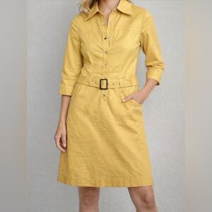 Ellassay Yellow Snap Button Front Collared 3/4 Sleeve Belted Cotton Blend Dress